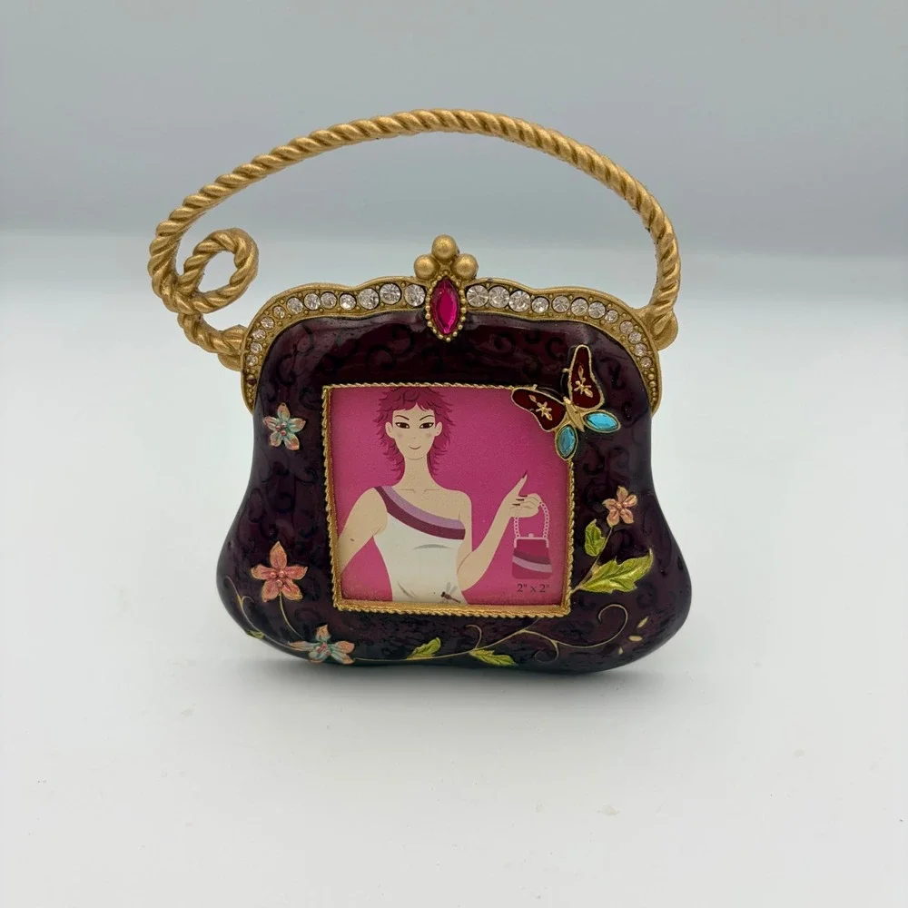 Vintage Style Purple Enamel Purse Picture Frame Butterfly Floral Gold Tone 2x2
